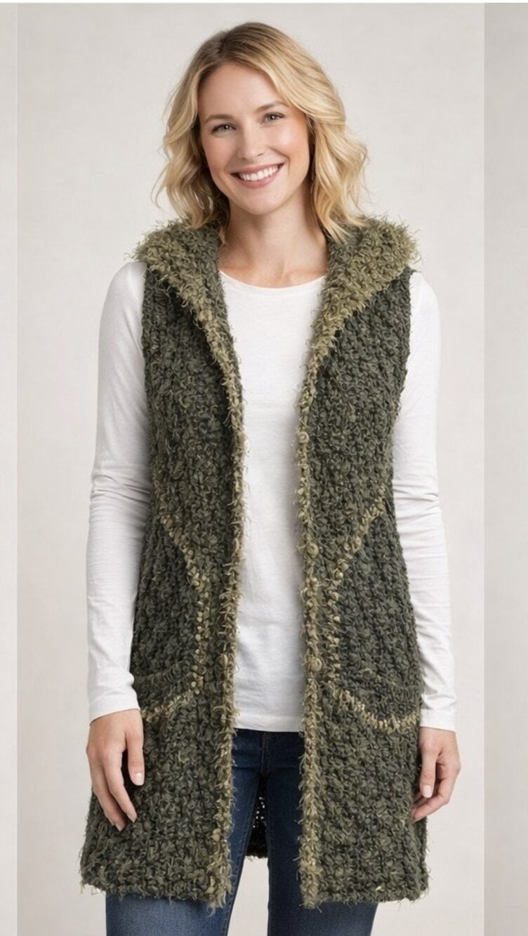 Mystree Chunky Knit Hooded Olive Dark Green Vest S/M